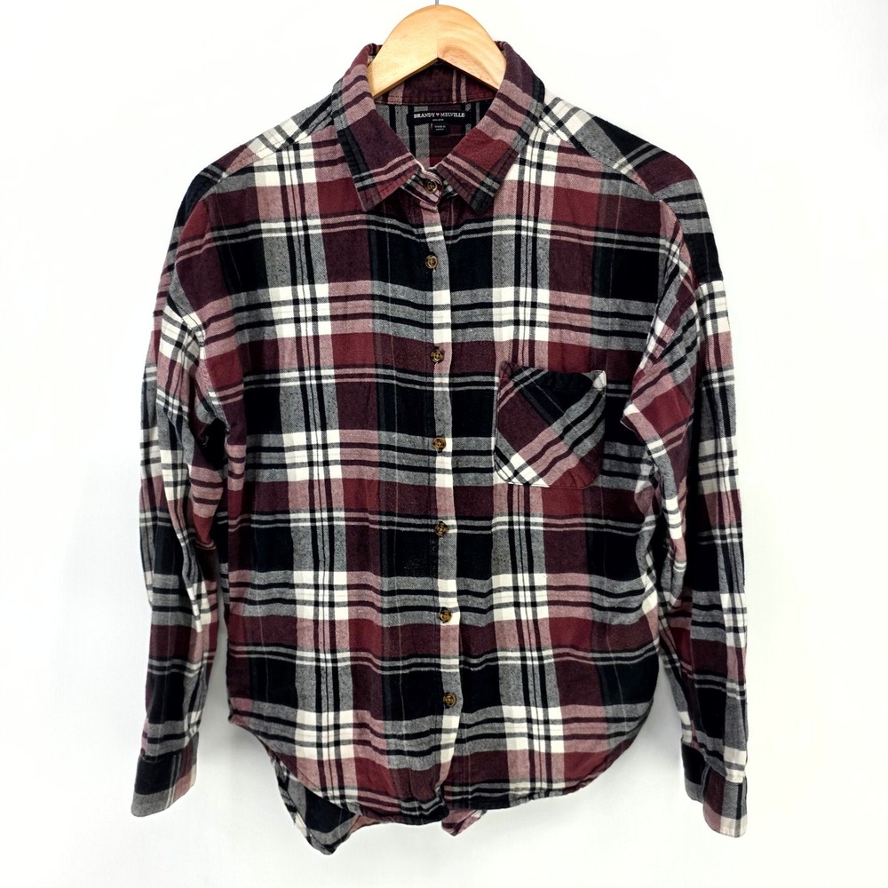 Brandy Melville Button Down‎ Womens OS Burgundy Plaid Flannel Oversized Shirt
